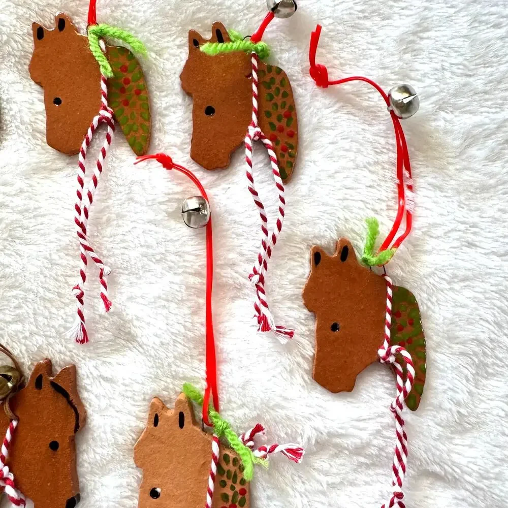 Lot of 7 Ceramic Bridled Horse Holiday Rodeo Hand Painted Folk Art Ornaments